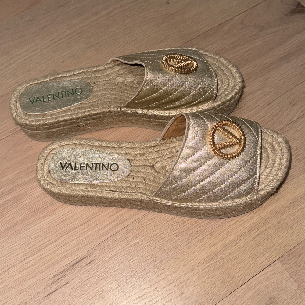 Valentino Gold Espadrille Slides